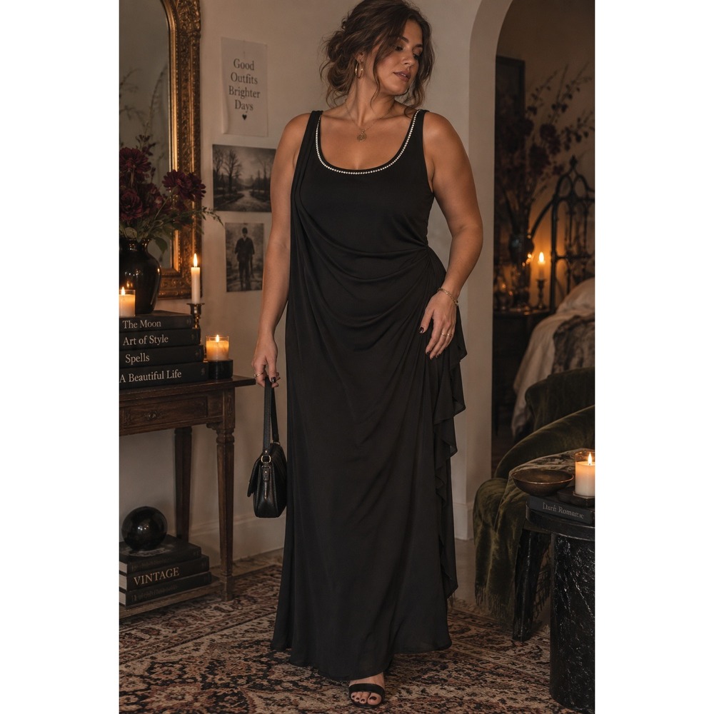 Alex Evenings Black Draped Ruffle Maxi Gown Rhinestone Neck Sleeveless Size 16